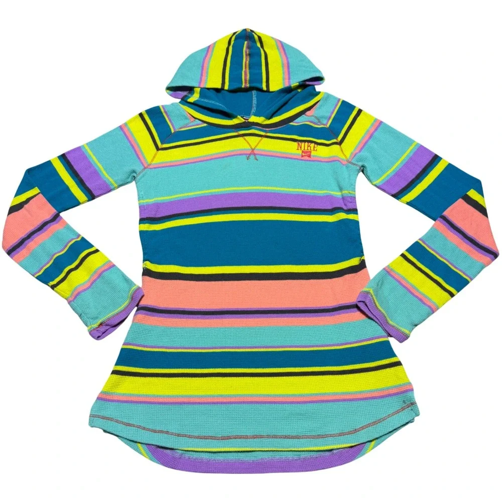 Y2K Nike Girls L (12-13) Pullover Hoodie Lightweight Waffle Knit Neon Stripe